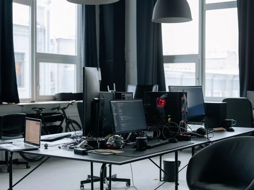 Estaciones de trabajo con computadoras y monitores en la oficina de una empresa